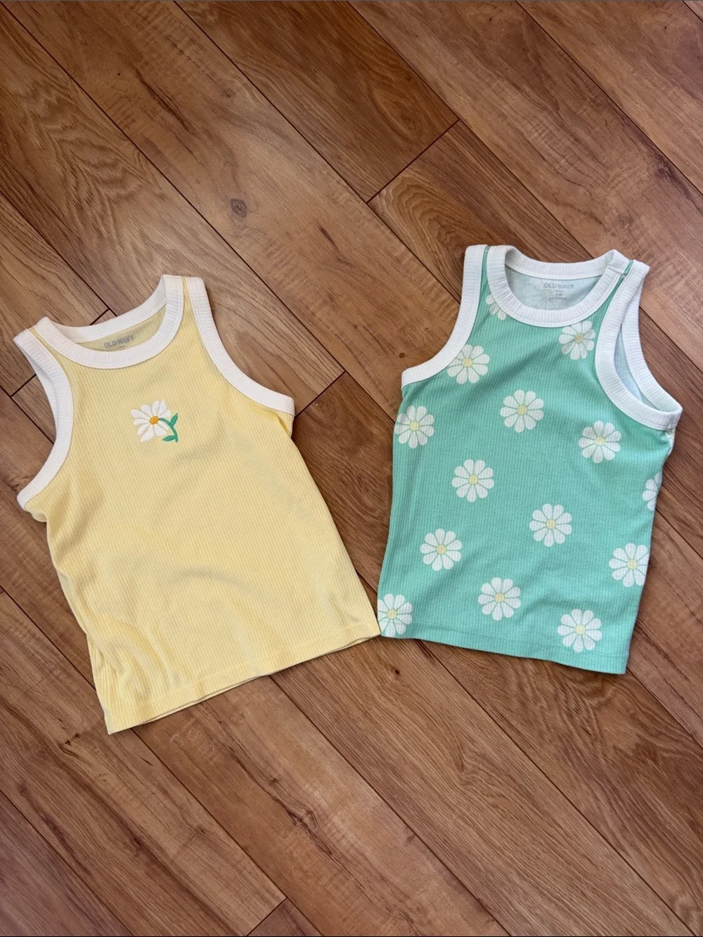 Old Navy Yellow & Mint Daisy Ribbed Tank Tops